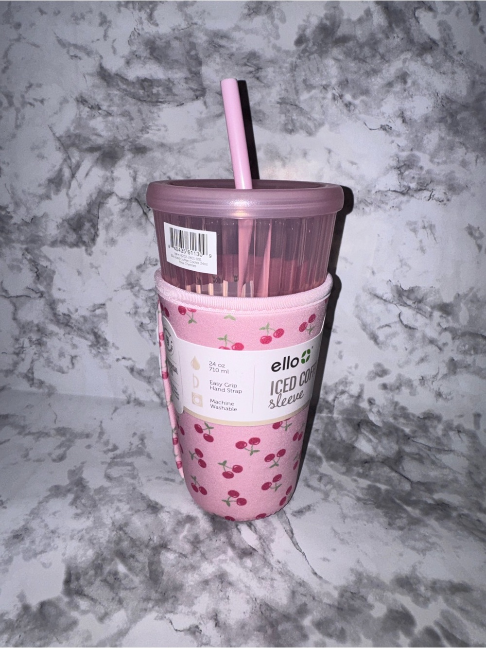 Pink cherries 24oz Reusable Tumbler with Straw Lid and Neoprene Sleeve 🍒